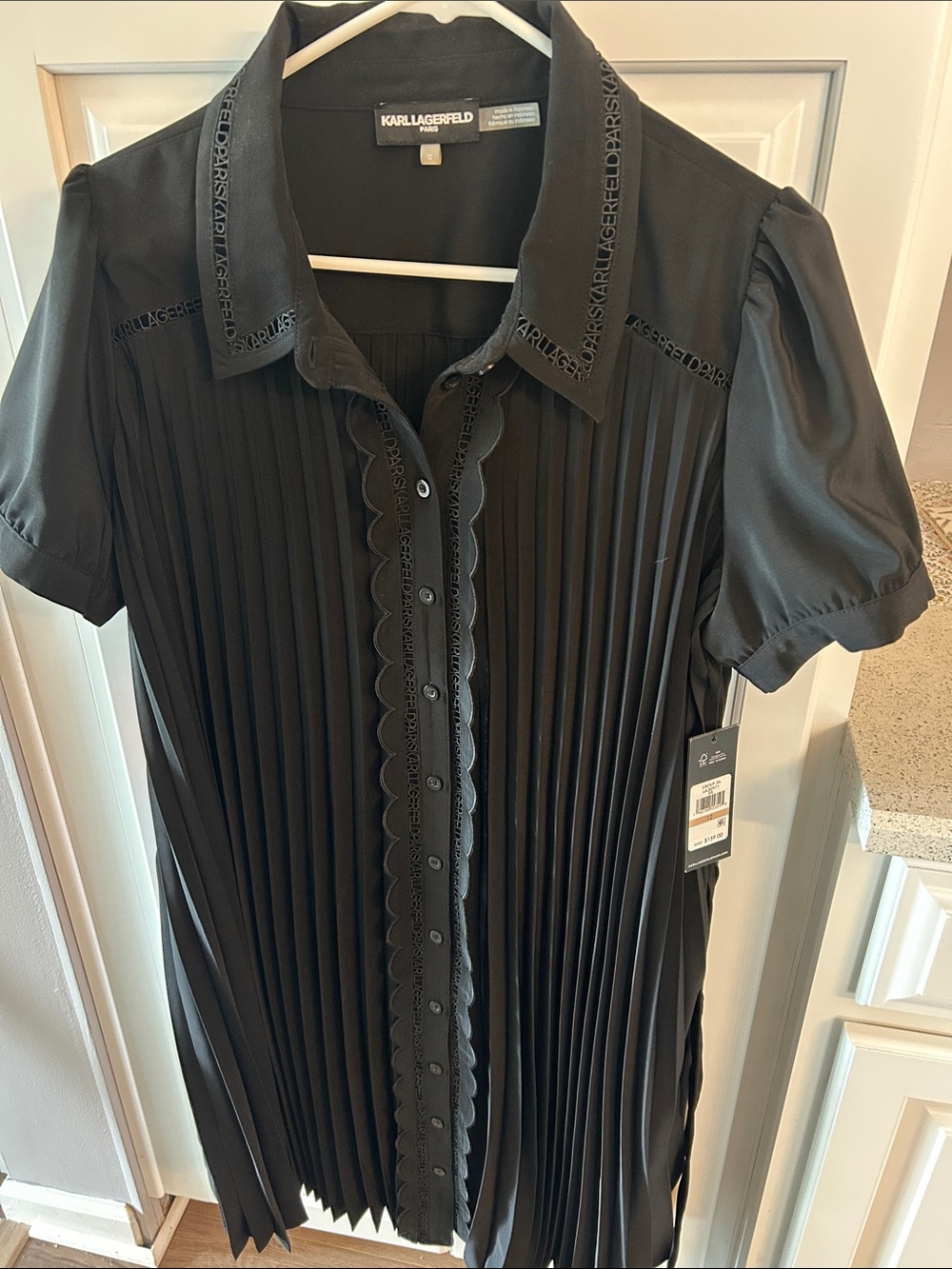 Karl Lagerfeld Black Pleated Scalloped Button Dress